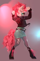 Size: 1426x2160 | Tagged: safe, artist:yanisfucker, imported from derpibooru, pinkie pie, anthro, pony, unguligrade anthro, abstract background, clothes, ear piercing, earring, female, jacket, jewelry, leather jacket, leggings, looking at you, piercing, punk, shoes, skirt, solo, torn clothes