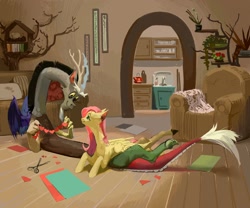 Size: 1500x1250 | Tagged: safe, artist:yanisfucker, imported from derpibooru, discord, fluttershy, draconequus, pegasus, pony, chair, couch, cute, duo, female, fluttershy's cottage, friendship, heart, indoors, male, mare, paper, paper doll chain, scissors, smiling