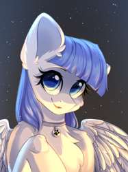 Size: 2048x2732 | Tagged: safe, artist:alphadesu, imported from derpibooru, oc, oc only, oc:snow pup, pegasus, pony, bust, collar, ear fluff, lifted leg, looking at you, pegasus oc, pet tag, portrait, simple background, smiling, spread wings, wings