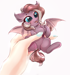 Size: 703x752 | Tagged: safe, artist:haokan, imported from derpibooru, oc, oc only, oc:efflorescence, bat pony, human, pony, :3, :p, bat pony oc, bat wings, blushing, commission, cute, dock, ear fluff, female, hand, holding a pony, in goliath's palm, micro, offscreen character, offscreen human, solo, tiny, tiny ponies, tongue out, wings, ych result, ych sketch, your character here