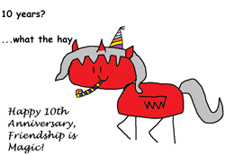 Size: 1184x819 | Tagged: safe, imported from derpibooru, oc, oc:draco scales, alicorn, pony, 10, 1000 hours in ms paint, alicorn oc, happy birthday mlp:fim, hat, horn, male, mlp fim's tenth anniversary, party hat, party horn, stick pony, wings