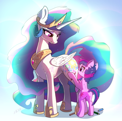 Size: 2395x2384 | Tagged: safe, artist:xbi, imported from derpibooru, princess celestia, twilight sparkle, alicorn, pony, unicorn, bipedal, bodypaint, butt, cute, cutelestia, cutie mark, daaaaaaaaaaaw, drawing, featured image, female, filly, filly twilight sparkle, gradient background, high res, hnnng, hoof hold, momlestia, pencil, plot, smiling, tabun art-battle, tabun art-battle cover, twiabetes, unicorn twilight, weapons-grade cute, wholesome, xbi is trying to murder us, younger