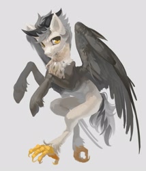 Size: 1847x2160 | Tagged: safe, artist:yanisfucker, imported from derpibooru, oc, oc only, griffon, original species, claws, coat markings, fangs, feathered fetlocks, flying, solo, talons, unshorn fetlocks