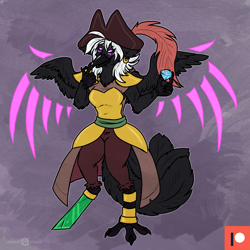 Size: 1502x1500 | Tagged: safe, artist:keetah-spacecat, imported from derpibooru, captain celaeno, oc, oc:shade the raven, anthro, bird, raven (bird), my little pony: the movie, anthro oc, artificial wings, augmented, clothes, cosplay, costume, female, furry, furry oc, gem, magic, magic wings, patreon, patreon logo, patreon reward, wings