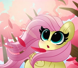 Size: 4096x3578 | Tagged: safe, artist:kittyrosie, imported from derpibooru, fluttershy, pegasus, pony, blushing, crepuscular rays, cute, female, flower, folded wings, leaves, looking at something, mare, open mouth, raised hoof, shyabetes, solo, sunlight, tree, windswept mane, wings