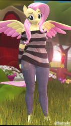 Size: 2160x3840 | Tagged: safe, artist:phenioxflame, artist:steamyart, imported from derpibooru, fluttershy, philomena, anthro, pegasus, phoenix, 3d, clothes, colored wings, colored wingtips, cottage, female, jeans, nature, nexgen, off shoulder, off shoulder sweater, outdoors, pants, sfm pony, solo, source filmmaker, stupid sexy fluttershy, sweater