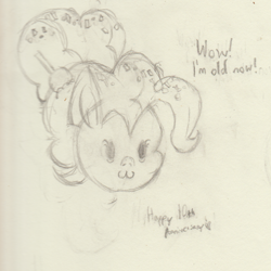 Size: 1194x1195 | Tagged: safe, derpibooru exclusive, imported from derpibooru, pinkie pie, pony, the last problem, :3, dialogue, happy birthday mlp:fim, mlp fim's tenth anniversary, older, older pinkie pie, pencil drawing, ponk, simple background, sketch, traditional art