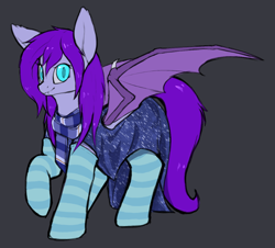 Size: 932x844 | Tagged: safe, artist:ampderg, imported from derpibooru, oc, oc only, oc:amplitude, bat pony, pony, clothes, dress, nightgown, pajamas, scarf, simple background, socks, solo, striped socks