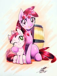 Size: 1536x2048 | Tagged: safe, artist:025aki, imported from derpibooru, berry punch, berryshine, ruby pinch, earth pony, pony, barrel, female, filly, mare, mother and child, mother and daughter