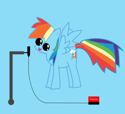 Size: 4959x4515 | Tagged: safe, artist:rainboom dash, imported from derpibooru, rainbow dash, pegasus, pony, backwards cutie mark, blue background, female, happy birthday mlp:fim, mare, microphone, mlp fim's tenth anniversary, simple background, singing, solo, spread wings, transparent wings, vector, wings
