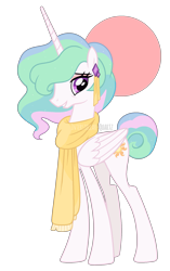 Size: 1289x2053 | Tagged: safe, artist:interstellar-quartz, imported from derpibooru, princess celestia, alicorn, pony, clothes, female, looking at you, mare, obtrusive watermark, older, scarf, simple background, solo, transparent background, watermark