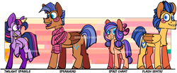 Size: 2481x1032 | Tagged: safe, artist:spudsmcfrenzy, imported from derpibooru, flash sentry, spearhead, twilight sparkle, oc, oc:spirit chant, alicorn, pony, unicorn, alternate universe, female, filly, male, offspring, parent:spearhead, parent:twilight sparkle, simple background, stallion, transparent background, twilight sparkle (alicorn)