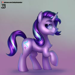 Size: 2007x2000 | Tagged: safe, artist:jedayskayvoker, imported from derpibooru, starlight glimmer, pony, unicorn, chest fluff, eyebrows, high res, looking at you, looking away, profile, raised hoof, rule 63, smiling, solo, stellar gleam