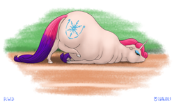 Size: 1200x717 | Tagged: safe, artist:soobel, imported from derpibooru, princess amore, pony, unicorn, belly, big belly, fat, female, huge belly, impossibly large belly, mare, obese, rolls of fat, scooting, solo