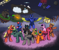 Size: 2548x2136 | Tagged: safe, artist:luther, imported from derpibooru, oc, oc only, oc:erasable, oc:huo, oc:lightning striker, oc:luther, oc:sprite berry, earth pony, pegasus, unicorn, antenna, bell, bunker, chimney, cloud, cup, cutie mark, dream, earth pony oc, floating island, floating rocks, glasses, group photo, happy birthday mlp:fim, horn, house, mlp fim's tenth anniversary, moon, mountain, paintbrush, pegasus oc, satellite, sfm logo, solar panel, space, spread wings, stars, sun, tree, unicorn oc, wings