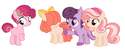 Size: 2347x959 | Tagged: safe, artist:strawberry-spritz, imported from derpibooru, oc, oc:peach pit, oc:pixie cut, oc:rosemarie, oc:slick back, dracony, dragon, earth pony, hybrid, pony, female, filly, interspecies offspring, magical lesbian spawn, offspring, parent:apple bloom, parent:babs seed, parent:diamond tiara, parent:scootaloo, parent:spike, parent:sweetie belle, parents:babsbelle, parents:diamondbloom, parents:scootaspike, simple background, white background