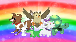 Size: 1280x719 | Tagged: safe, artist:andoanimalia, imported from derpibooru, angel bunny, gummy, opalescence, owlowiscious, tank, winona, bird, cat, crocodile, dog, owl, rabbit, tortoise, animal, looking at you, pet six, wallpaper