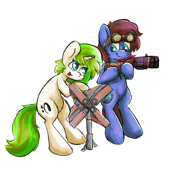 Size: 2504x2612 | Tagged: safe, artist:parfait, artist:sugar morning, imported from derpibooru, oc, oc only, oc:bizarre song, oc:vinyl mix, pegasus, pony, unicorn, apex legends, bipedal, broken horn, cape, clothes, cutie mark, female, gun, happy, horn, jewelry, male, necklace, shotgun, simple background, solo, standing, transparent background, turret, vector, weapon