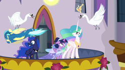 Size: 1920x1080 | Tagged: safe, imported from derpibooru, screencap, misty fly, princess celestia, princess luna, twilight sparkle, alicorn, bird, pegasus, pony, swan, the last problem, clothes, coronation dress, crown, dress, jewelry, regalia, second coronation dress, shocked, twilight sparkle (alicorn), uniform, wonderbolts, wonderbolts uniform