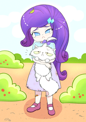 Size: 2508x3541 | Tagged: safe, artist:sigpi, imported from derpibooru, opalescence, rarity, cat, human, equestria girls, bandaid, blushing, cute, female, fluffy, frown, humanized, raribetes, sad, teary eyes, young, younger