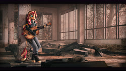 Size: 9600x5400 | Tagged: safe, artist:imafutureguitarhero, imported from derpibooru, sunset shimmer, anthro, unguligrade anthro, unicorn, 3d, absurd file size, absurd resolution, acoustic guitar, black bars, boots, cargo pants, chernobyl, chromatic aberration, clothes, colored eyebrows, colored eyelashes, dead tree, dust, ear freckles, female, females only, film grain, fingerless gloves, fog, freckles, gloves, guitar, holding, holster, hoof boots, hoof freckles, hoof shoes, horn, indoors, jacket, leaning, leaning back, leather gloves, leather jacket, leonine tail, letterboxing, long hair, long mane, mare, multicolored hair, multicolored mane, multicolored tail, musical instrument, pants, peppered bacon, pillar, pripyat, revamped anthros, revamped ponies, rubble, ruins, scarf, sfm pony, shoes, signature, solo, source filmmaker, strap, tree, wall of tags, wallpaper, window