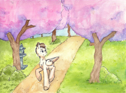 Size: 6635x4872 | Tagged: safe, artist:lightisanasshole, imported from derpibooru, oc, oc only, oc:quiet keeper, pegasus, pony, bush, cherry blossoms, colored hooves, commission, forest, garden, grass, japanese, lamp, looking back, man bun, painting, pegasus oc, ponytail, road, sakura tree, sky, solo, traditional art, tree, walking, watercolor painting, wings