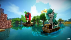 Size: 1280x720 | Tagged: safe, artist:udara, imported from derpibooru, oc, oc only, oc:obble star, oc:rachel, bat pony, fish, goldfish, unicorn, bat pony oc, bat wings, boat, duo, flower, horn, magic, minecraft, river, signature, sky, tree, unicorn oc, video game, video game crossover, water, watermark, wings