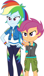 Size: 2133x3696 | Tagged: safe, artist:steyrrdash, imported from derpibooru, rainbow dash, scootaloo, equestria girls, equestria girls series, duo, duo female, female, geode of super speed, high res, magical geodes, pointing, show accurate, simple background, transparent background, vector