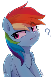 Size: 1623x2363 | Tagged: safe, artist:maren, imported from derpibooru, rainbow dash, pegasus, pony, cute, cute little fangs, doodle, eye clipping through hair, eyebrows, eyebrows visible through hair, fangs, female, grumpy, mare, question mark, rainbow dash is not amused, simple background, sitting, solo, unamused, white background