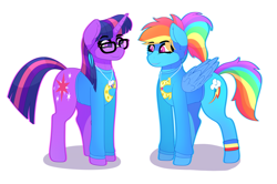 Size: 2505x1662 | Tagged: safe, artist:aaa-its-spook, imported from derpibooru, rainbow dash, sci-twi, twilight sparkle, pegasus, pony, unicorn, alternate hairstyle, backwards cutie mark, clothes, cute, dashabetes, eyebrows, eyebrows visible through hair, female, glasses, jewelry, lesbian, looking at each other, mare, matching outfits, necklace, ponytail, shipping, simple background, smiling, sweater, twiabetes, twidash, unicorn twilight, white background