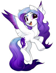 Size: 1480x1944 | Tagged: safe, artist:vensual99, imported from derpibooru, oc, oc only, oc:melody shard, pegasus, pony, chest fluff, colored wings, eye clipping through hair, female, mare, multicolored wings, open mouth, simple background, smiling, spread wings, underhoof, white background, wings