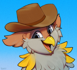 Size: 1112x1012 | Tagged: safe, artist:vensual99, imported from derpibooru, oc, oc only, oc:peregrine, griffon, chest fluff, cowboy hat, hat, looking at you, open mouth, smiling, smiling at you