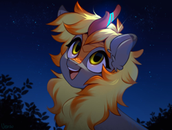 Size: 2000x1500 | Tagged: safe, artist:vensual99, imported from derpibooru, oc, oc only, oc:electra pleiades, kirin, pony, ear fluff, glowing horn, horn, night, open mouth, smiling, solo, stars