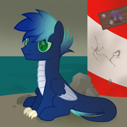 Size: 1600x1600 | Tagged: safe, artist:ponkus, imported from derpibooru, oc, oc only, oc:maelstrom, oc:maelstrom (ponkus), hybrid, pegasus, pony, fallout equestria, background, dragon hybrid, gradient mane, lighthouse, male, ocean, pony dragon hybrid, rock, solo, stallion, two toned wings, wings