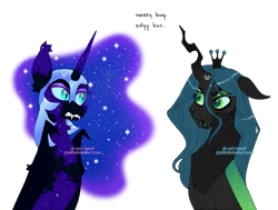 Size: 1241x936 | Tagged: safe, artist:foxklt, imported from derpibooru, nightmare moon, princess luna, queen chrysalis, alicorn, bat pony, changeling, changeling queen, pony, fangs, female, simple background, transparent background