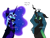 Size: 1241x936 | Tagged: safe, artist:foxklt, imported from derpibooru, nightmare moon, princess luna, queen chrysalis, alicorn, bat pony, changeling, changeling queen, pony, fangs, female, simple background, transparent background