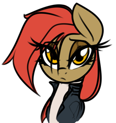 Size: 1259x1335 | Tagged: safe, artist:jetwave, imported from derpibooru, oc, oc only, oc:dala vault, earth pony, pony, bust, clothes, earth pony oc, eye clipping through hair, eyeshadow, female, jacket, leather jacket, lidded eyes, looking at you, makeup, mare, portrait, raised eyebrow, simple background, solo, white background