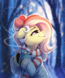 Size: 1782x2119 | Tagged: safe, artist:amishy, imported from derpibooru, oc, oc only, oc:rosy, earth pony, pony, chocolate, clothes, eyebrows, featured image, female, floppy ears, food, forest, hot chocolate, mare, marshmallow, not fluttershy, scarf, snow, solo, sweater, winter