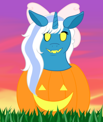 Size: 500x588 | Tagged: safe, artist:ancientcryptid, imported from derpibooru, oc, oc only, oc:fleurbelle, alicorn, pony, alicorn oc, bow, fangs, female, grass, hair bow, horn, mare, pumpkin, solo, wings, yellow eyes
