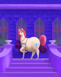 Size: 1088x1360 | Tagged: safe, artist:soobel, idw, imported from derpibooru, princess amore, pony, unicorn, belly, big belly, fat, female, mare, obese, raised leg, solo, stairs, window