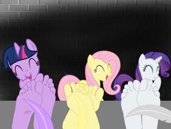 Size: 2048x1536 | Tagged: safe, artist:anthonygoody, imported from derpibooru, fluttershy, rarity, twilight sparkle, anthro, human, feather, feet, female, fetish, foot fetish, group, humanized, soles, tickling, toes