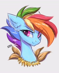 Size: 3296x4096 | Tagged: safe, artist:ask-colorsound, imported from derpibooru, rainbow dash, pony, alternate hairstyle, beads, bust, ear fluff, female, gray background, high res, leaf, mare, portrait, simple background, solo
