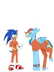 Size: 640x853 | Tagged: safe, artist:ms_umbreon, imported from derpibooru, rainbow dash, bashing, bound wings, chained, clothes, cuffs, prison outfit, prisoner, prisoner rd, sonic the hedgehog, sonic the hedgehog (series), wings