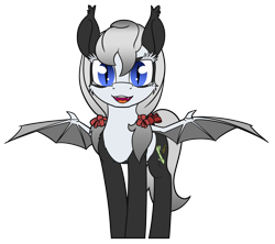 Size: 2700x2400 | Tagged: safe, artist:dacaoo, imported from derpibooru, oc, oc only, oc:bamboo mistshadow, bat pony, bear, panda, panda pony, pony, bat pony oc, bat wings, commission, ear fluff, fangs, looking at you, raised hoof, ribbon, simple background, smiling, solo, transparent background, wings