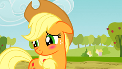 Size: 1920x1080 | Tagged: safe, imported from derpibooru, screencap, applejack, earth pony, the last roundup, blushing, cute, female, floppy ears, jackabetes, mare, smiling