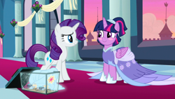 Size: 1280x720 | Tagged: safe, edit, edited screencap, imported from derpibooru, screencap, rarity, twilight sparkle, alicorn, pony, spider, star spider, unicorn, the last problem, alternate hairstyle, blushing, clothes, coronation dress, cute, dress, female, mare, second coronation dress, twiabetes, twilight sparkle (alicorn)