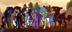 Size: 4830x2160 | Tagged: safe, artist:brainiac, derpibooru exclusive, imported from derpibooru, oc, oc:charity, oc:majina, oc:precious, oc:pythia, oc:scotch tape, oc:skylord, dracony, dragon, earth pony, griffon, hybrid, pony, unicorn, zebra, fallout equestria, fallout equestria: homelands, commission, fanfic art, group shot