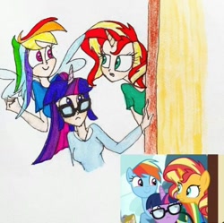 Size: 540x538 | Tagged: safe, artist:lunaart, imported from derpibooru, screencap, rainbow dash, sci-twi, sunset shimmer, twilight sparkle, human, pony, unicorn, equestria girls, spring breakdown, equestria girls interpretation, equestria girls ponified, glasses, horn, horned humanization, human pony dash, humanized, humanized ponified human, ponified, scene interpretation, traditional art, unicorn sci-twi, winged humanization, wings