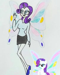 Size: 538x667 | Tagged: safe, artist:lunaart, imported from derpibooru, rarity, human, unicorn, butterfly wings, horn, horned humanization, humanized, scene interpretation, traditional art, winged humanization, wings