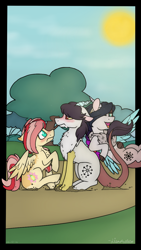 Size: 720x1280 | Tagged: safe, artist:lisaartista365, imported from derpibooru, oc, oc only, oc:cotton, oc:fang, oc:flowercore, hybrid, pony, blushing, brother and sister, embarrassed, female, interspecies offspring, male, oc x oc, offspring, offspring shipping, parent:big macintosh, parent:discord, parent:fluttershy, parent:princess celestia, parents:dislestia, parents:fluttermac, pushing, shipper on deck, shipping, siblings, sitting